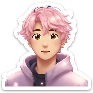 Gorgeous bright sparkly romantic Asian anime guy with blushing face aesthetic trending style outside sticker