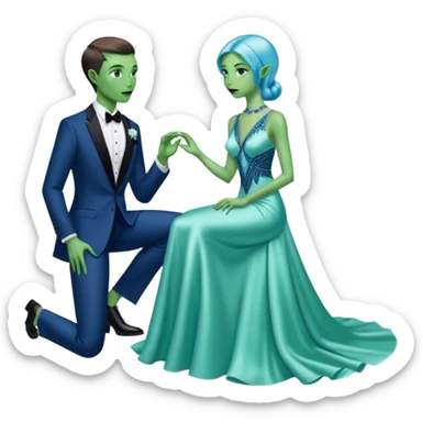 alien reptilian green skin woman, in long slim pastel blue formal party satin dress with gradient shiny sparkling navy blue diamonds embroidered , and caucasian man in black dres on his knees asks her to marry her sticker