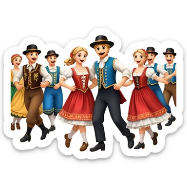 Cinematic Realistic Schuhplattler Dance Emoji, depicted as a lively traditional folk dance scene with performers in authentic Bavarian costumes, rendered with dynamic textures and festive natural lighting that captures the spirit of rural celebration. sticker