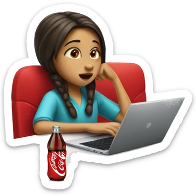 tired girl with laptop drinking coca-cola sticker