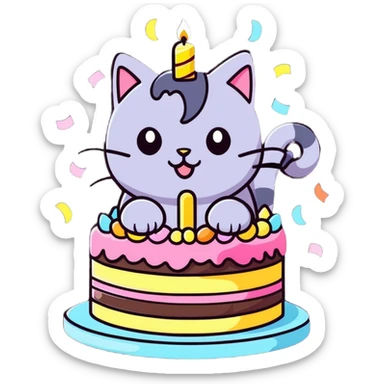 Cat coming out of birthday cake with confetti  sticker