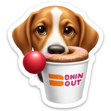 dog holding a dunkin donut coffee with red ball sticker