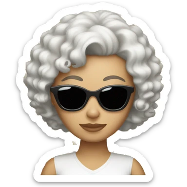 white woman with a slight tan, curly hair and sunglasses holding a cat sticker
