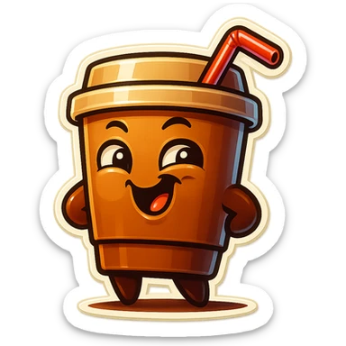 Tall coffee cup, amused, giggling, mischievous, drinking coffee with straw, looking sideways sticker