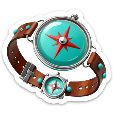 Round glass dome with turquoise-green liquid inside, red compass needle floating in center, brown wooden wrist band with metal clasps, anime cartoon style with clean line art sticker