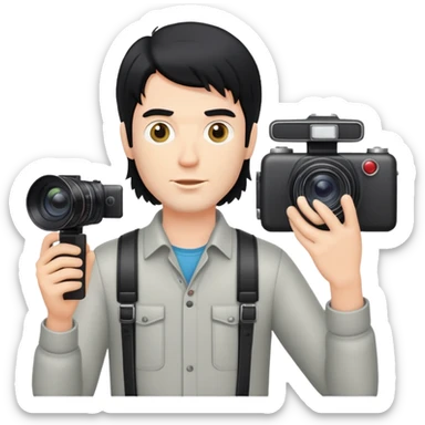 a white man with black mullet hair holding a foto camera sticker