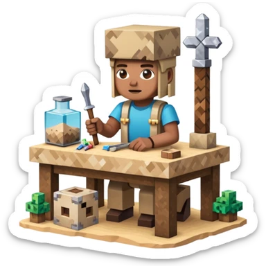 minecraft crafting station in a minecraft cube style with tools, stone, wood, glass, sand, ... sticker