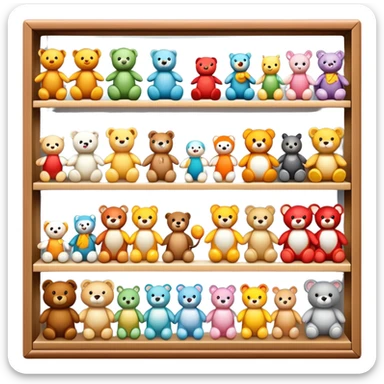 Icon for Toy Collecting: a collection of various vintage toys such as dolls, action figures and plush animals, displayed neatly on shelves or in display cases. The icon should evoke the joy and nostalgia of collecting toys. Transparent background. sticker