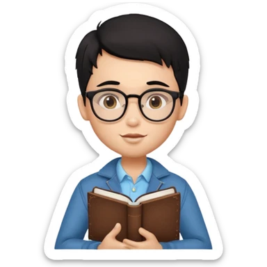 a pretty bratz boy with black hair, spectacles on, holding a book in hand and a chocolate in the other sticker