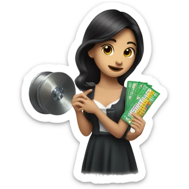 a girl with dark hair who holds a lottery ticket in her hands and spins the drawing reel sticker