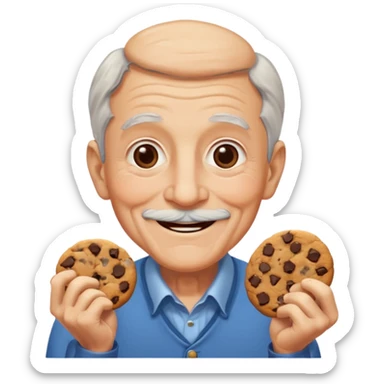 old man portrait smiling at viewer handing a cookie sticker