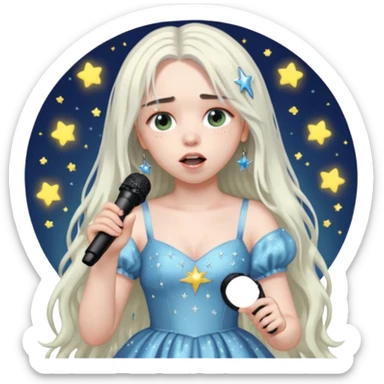 billie eilish is singing, holding mirco and twinkle dresss, white long hair sticker