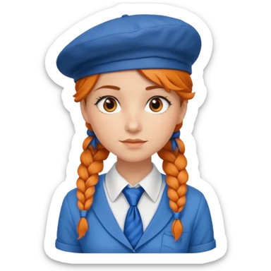 orange braided hair girl, wearing white shirt, Blue Necktie and a brown berret Hat sticker
