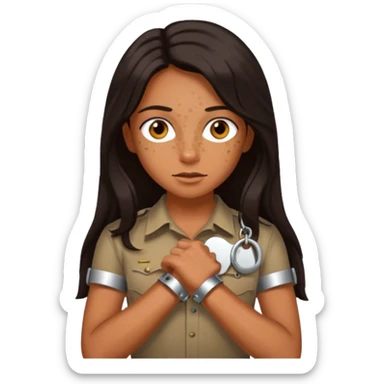 Tan skin with freckles, long dark hair, hazel eyes Dominatrix with handcuffs sticker