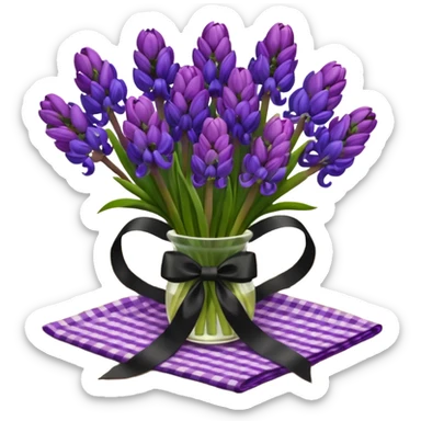 A lush bouquet of bright prple color Hyacinths black satin ribbon, resting on an antique wooden table, with a pale yellow and pink plaid pattern table cloth sticker