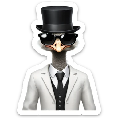 Ostrich wearing a black suit jacket, white undershirt, a black top hat, and black sunglasses sticker