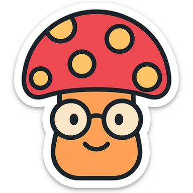 colorful icon of a mushroom with glasses and a smile sticker
