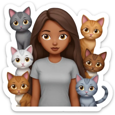a pretty bratz dusky girl with long brown hair with six cats nd wearing a grey tshirt sticker
