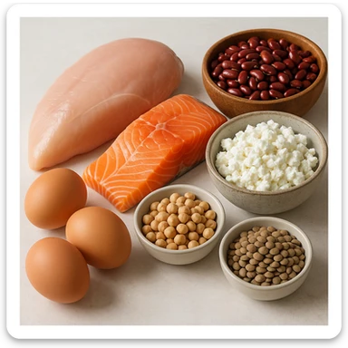 realistic image of protein sources composition with lean meat, fish, eggs, and legumes, detailed, light background sticker