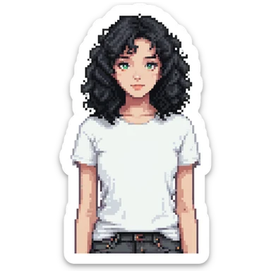 girl with curly black hair wearing a white t-shirt sticker