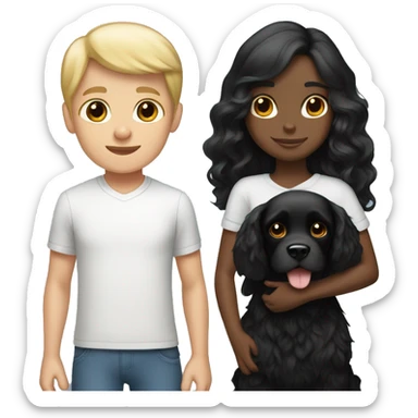 Black hair girl and Blond hair boy holding a black cocker spaniel sticker