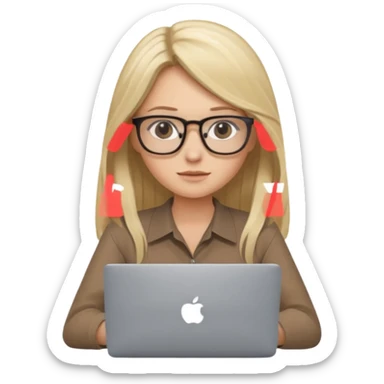 Girl in glasses, blonde long hair, brown blouse, sitting with gray MacBook sticker