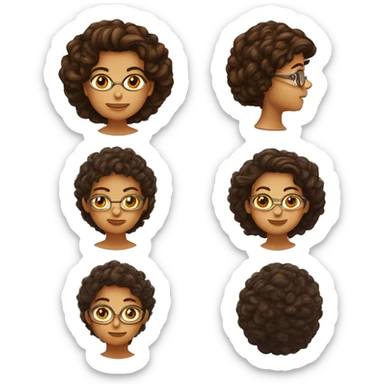 Mulher de pele clara, cabelos volumosos curtos cacheados de cor castanho avermelhado, olhos cor de mel, usando óculos de cor dourado  sticker