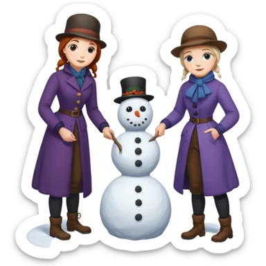  young Virginia Poe and  eldely Maria Clemm  full body building a snowman  1800's sticker