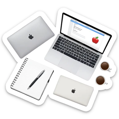 top view of a MacBook and a notebook with a pen nearby, different arrangement sticker