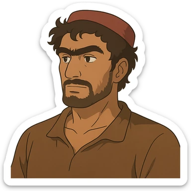 A Tajik man with medium to tall height, well-defined features, slightly curved nose, dark-brown eyes, thick eyebrows meeting above the nose, slightly wavy hair, and rich brown skin sticker