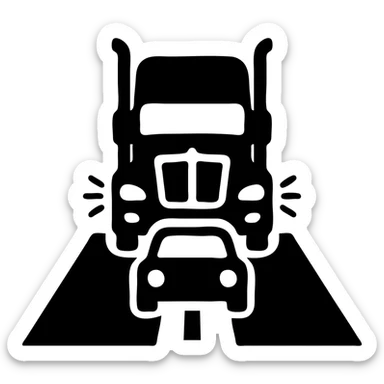 2026 Black Kenworth T680 Sleeper semi truck with tall chrome muffler stacks, headlights on, driving down a road with a car in front, minimal flat icon style, day scene sticker