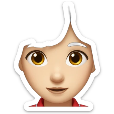 girl with long dark brown hair, thick bangs, blue eyes, red school uniform sticker