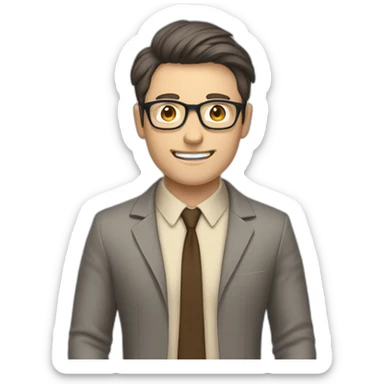To belt Actively gesturing with hands Okay Pale skinned fit man with dark brown hair in gray jacket, beige office shirt, brown tie, brown pants and vintage glasses. sticker
