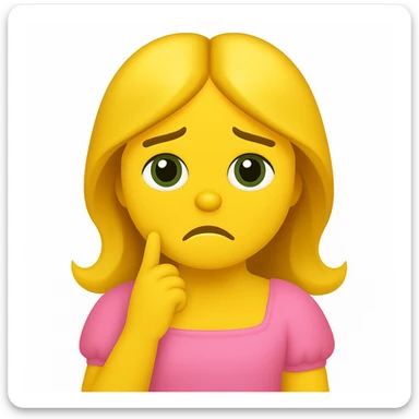Create an iOS emoji style image of a blonde with long hair, green swamp eyes, and a pink pastel dress with a sad expression. Keep all facial features, clothes, and hairstyle from the reference image. sticker