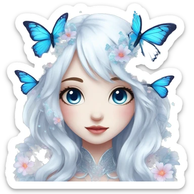 Edgy Cute Cool Kawaii gorgeous sparkly ethereal white fantasy animal with blue eyes sona with flowers and butterflies sticker