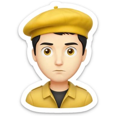 người đàn ông 30 tuổi, da vàng, tóc ngắn màu đen, mặt nghiêm túc, đội mũ nồi màu vàng sticker