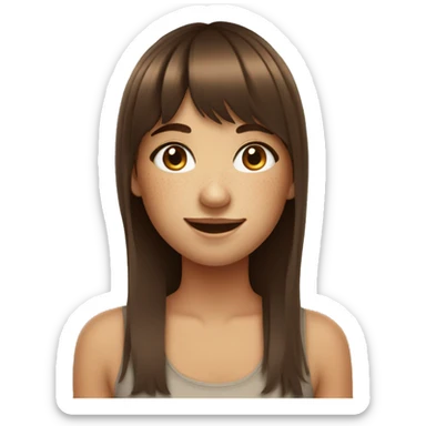 a girl with freckles on her cheeks smiling shyly with her brown hair and bangs sticker