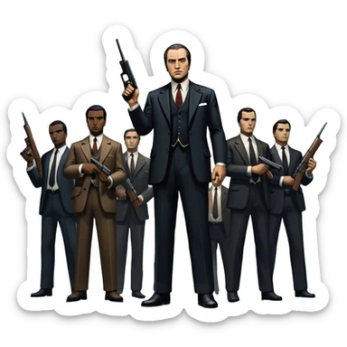 Vintage noir poster with Don Corleone surrounded by gangsters holding Thompson submachine guns. Dark and moody atmosphere with shadows, suits, and a mysterious vibe. Background features New York skyscrapers, adding to the gritty, classic gangster film feel. Transparent background. sticker