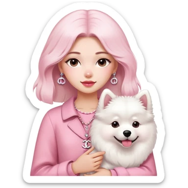 girl in pink Chanel-style outfit with white Samoyed dog sticker