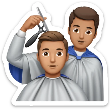 a man with a large face, wearing a barber cape, having his hair cut with scissors above his head sticker