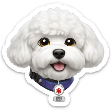 A service dog Bichon with a medical alert badge  sticker