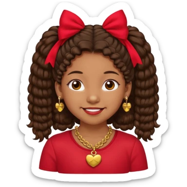 Brownskin girl dark brown hair fluffy. pigtails with red bows brown eyes smiling closed mouth red shirt gold esrrings gold necklace sticker