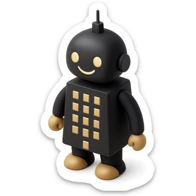 a smiling robot with a skyscraper-like body sticker