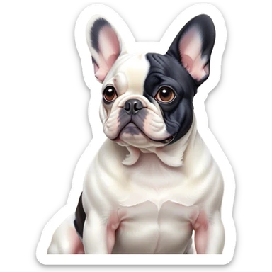Cinematic Noble Pied French Bulldog Portrait Emoji, Radiating regal yet playful charm, with a distinctive pied fur of contrasting hues and a sculpted, expressive face featuring gentle, wise eyes and a confident stance, simplified yet artistically detailed, glowing with a soft, sophisticated radiance, high shine, exuding intelligent nobility and refined flair, soft glowing outline, capturing the essence of a noble Pied French Bulldog that embodies both strength and grace! sticker
