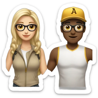 A Women with darkbrown hair and glasses in Love with a blond Man with gold glasses and a baseballcap sticker