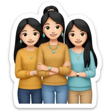 Just 3 best friends smiling big taking a selife, all have medium skin tone with black long hair. Wearing simple jewelry and casual modest clothes color coordinated outfit,  sticker