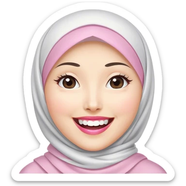 an Asian white woman hijab, her hijab color are white, her face is oval, her lips are pink, her eyes are shining, her face looks happy showing her teeth, her eyes are also smiling sticker