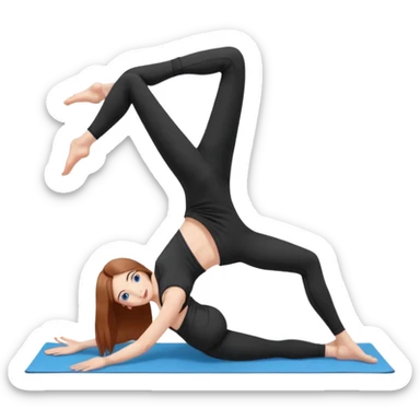 A girl with fair skin and a natural blush. Eyes are large, expressive, blue. Hair is long, straight, chestnut-colored. The smile is soft, friendly, practicing yoga in the adho mukha svanasana pose in a black top and leggings sticker