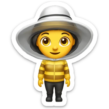 Beekeeper female wit full beekeeping dress. The beekeeper's protective clothing is white. The hat has a mesh surround. sticker