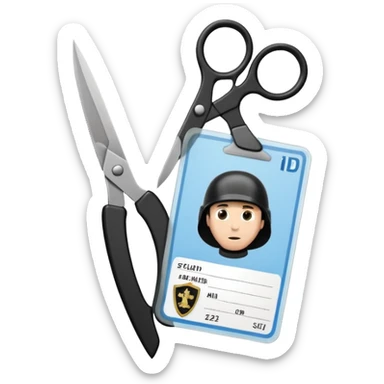 Floating black Scissors cutting in half an idf soldier ID card with a little chip in 2 parts .hyper realistic sticker
